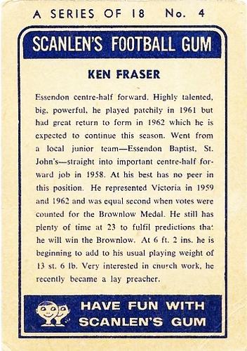 1963 Scanlens VFL #4 Ken Fraser Back